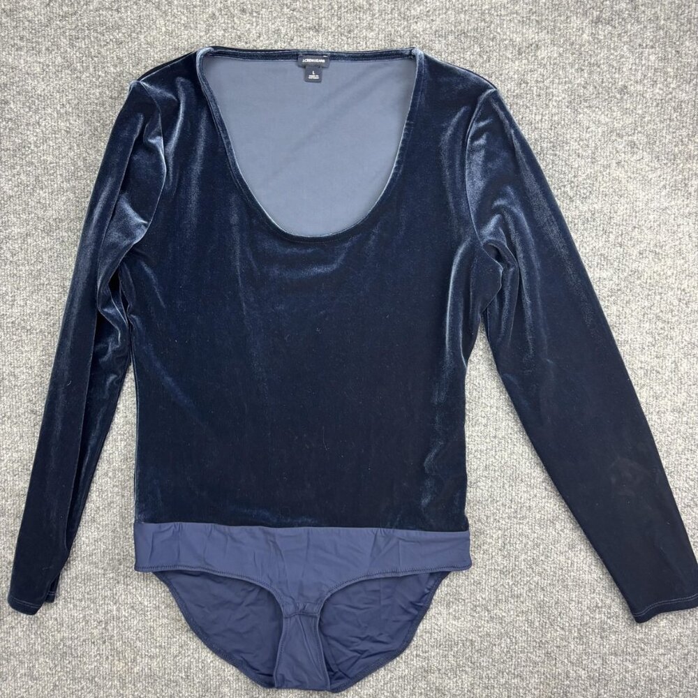 J Crew Velvet Bodysuit Womens Large Navy Blue Long Sleeve Scoop Neck Stretchy